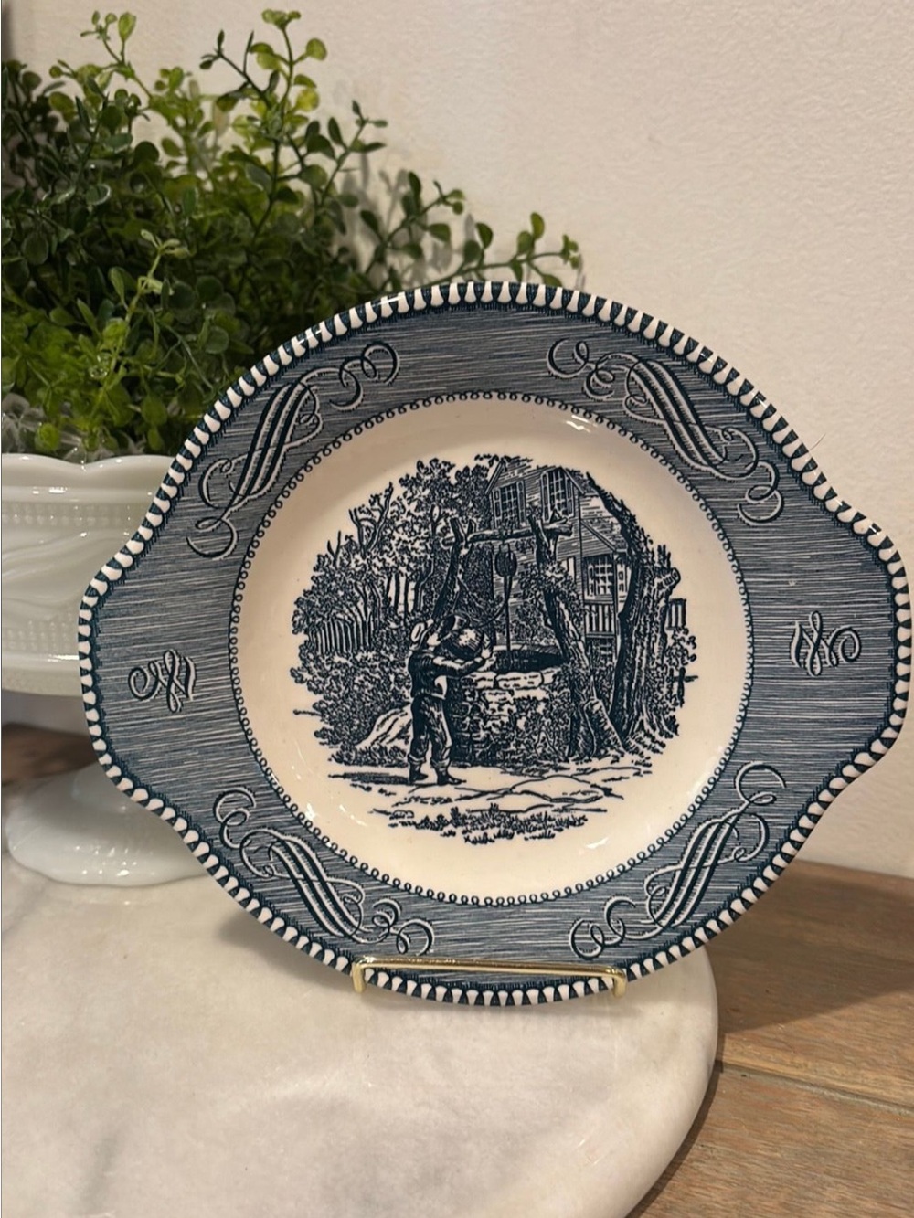 Blue and White Scenic Royal China Plate ft. the “Olden Bucket” by Currier & Ives